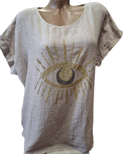 BLUE VANILLA Grey Cotton Boho Tunic Gold Rhinestone Evil Eye Top Summer Beach OS