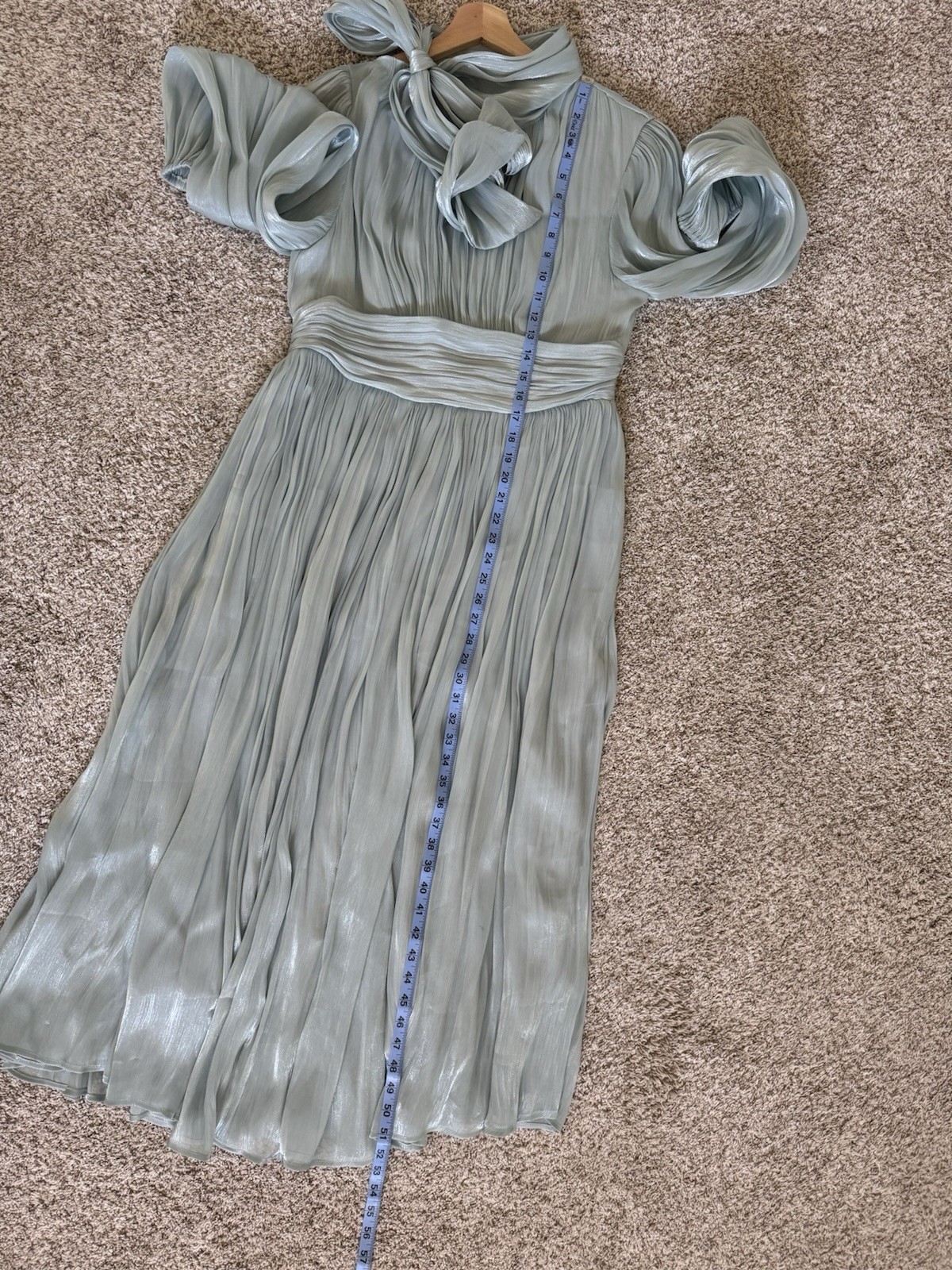 ANEWSTA Sage Green Shimmer Pleated Midi Dress Bow Neck Long Sleeve L
