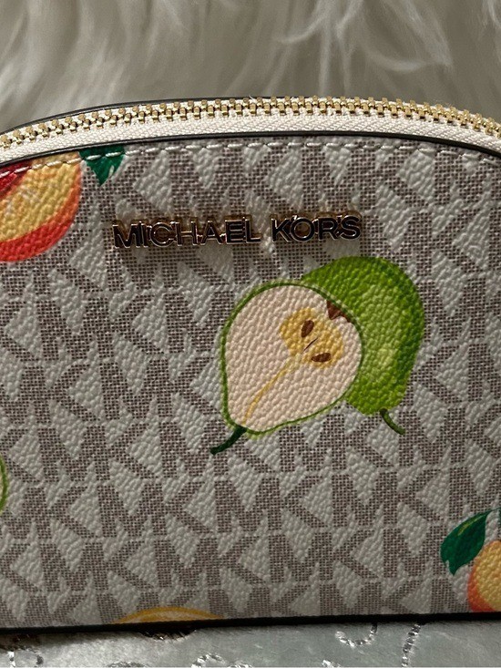 NWT Michael Kors Small, Beige Logo Cosmetic Pouch-Pink/Green/Yellow Fruit Print