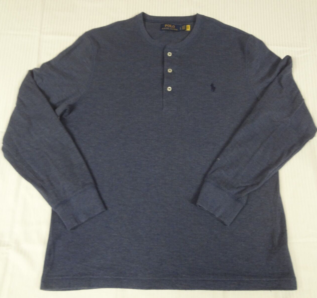 POLO RALPH LAUREN EMBROIDERED PONY BLUE LONG SLEEVE 3 BUTTON LARGE T-SHIRT J772