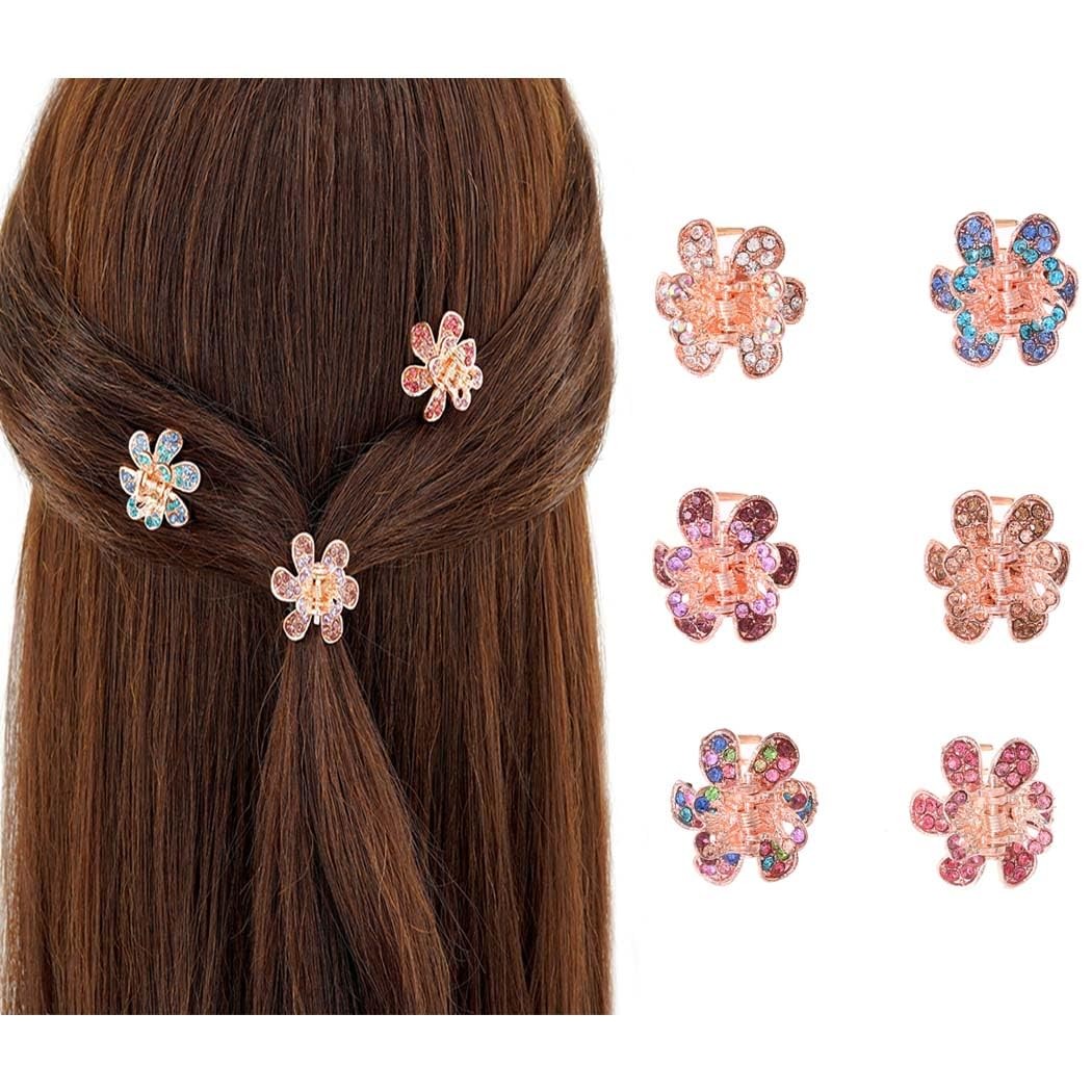 Campsis 6 PCS Rhinestone Mini Hair Clip Flower Jaw Sparkly Crystal Gold
