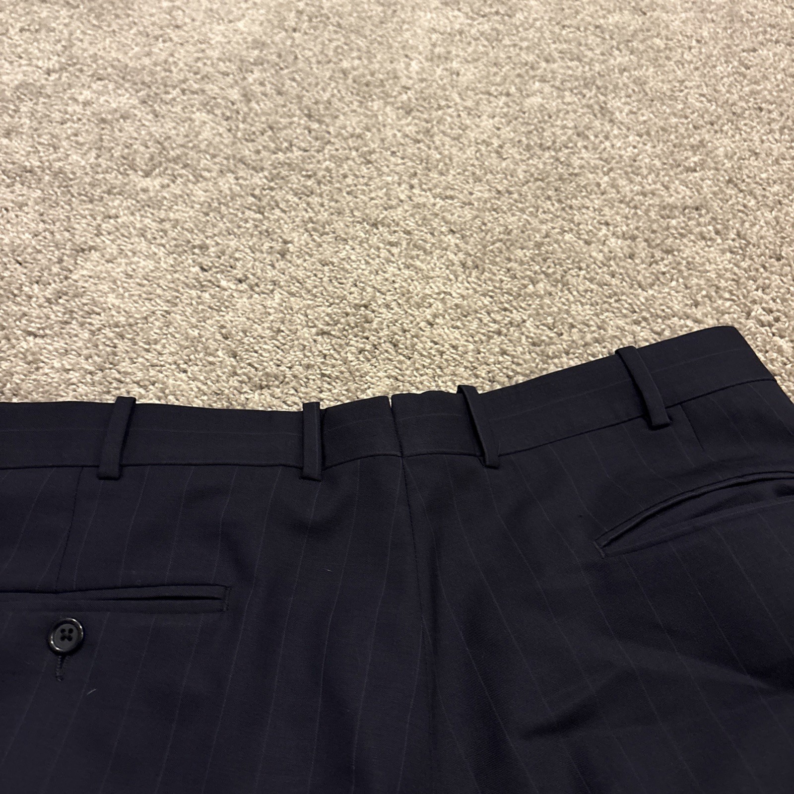 Tom James Mens 42R Pinstripe 2 Piece Suit Blue Corporate Image Pleated 36×32