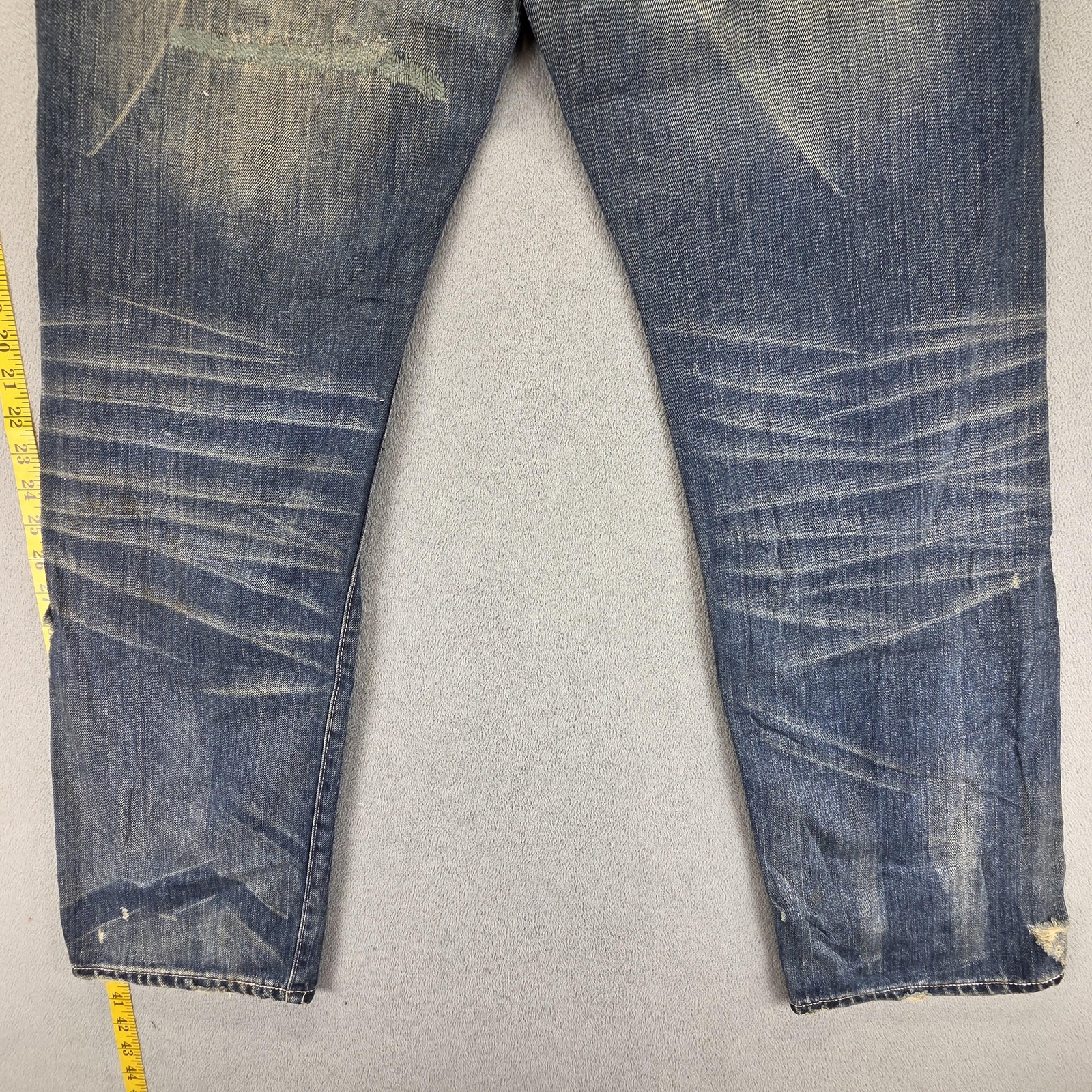 Selvedge Jeans Mens Blue Thrashed Patchwork Whiskers Honeycomb Fits 33×31
