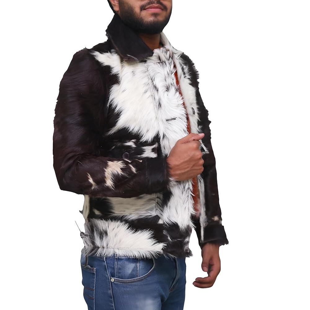 Men’s Cowhide Hair-On Leather Jacket Black White Animal Print Western Rodeo Coat