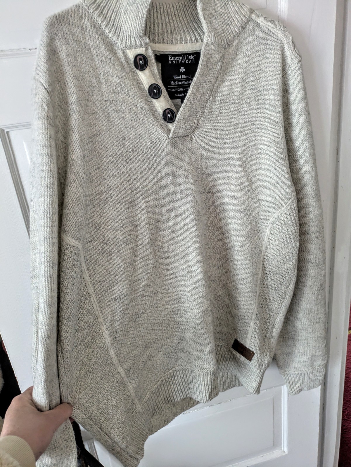Emerald Isle Knitwear Mens Galway Jumper Heathered Light Gray Sz L Elbow Patches