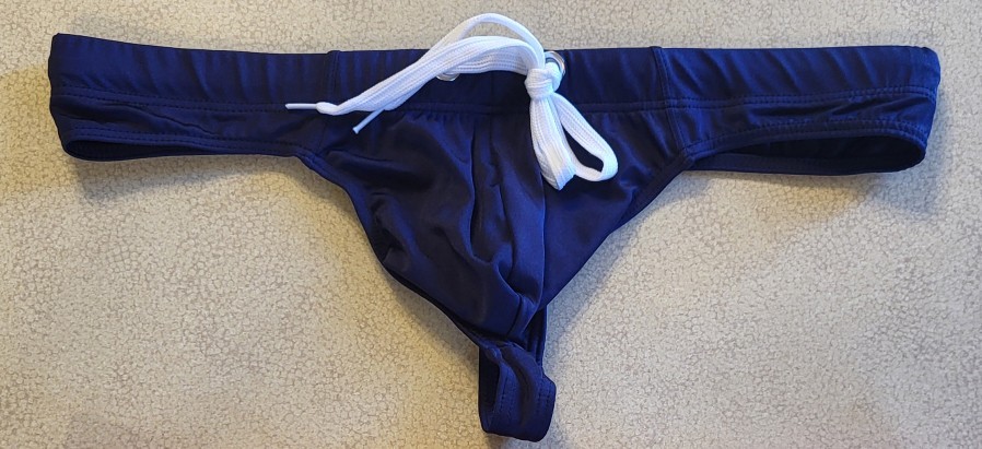 Retro Nylon Navy Blue Men’s Swim THONG w/ Contoured Pouch. Size Large 34″-36″