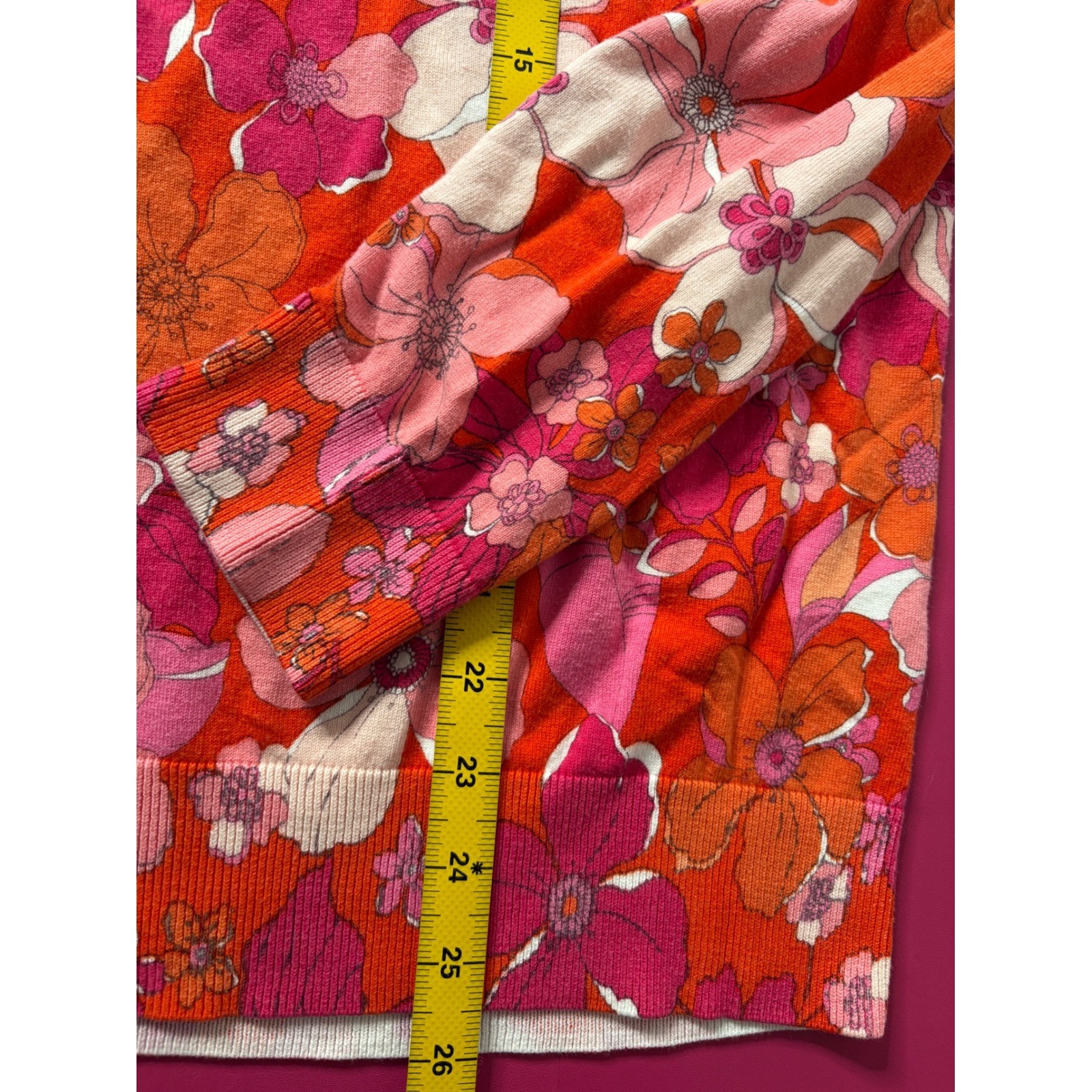 TALBOTS Womens Red Pink Floral Long Sleeve Sweater Sz L Hippie Retro Light-Knit
