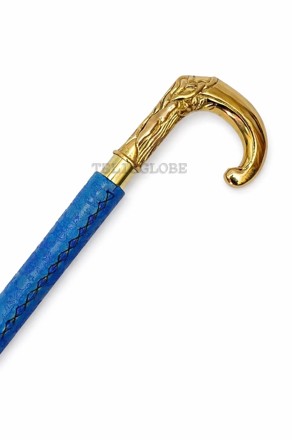 Vintage Style Brass Curved Handle Walking Cane Blue Leather Wooden Stick
