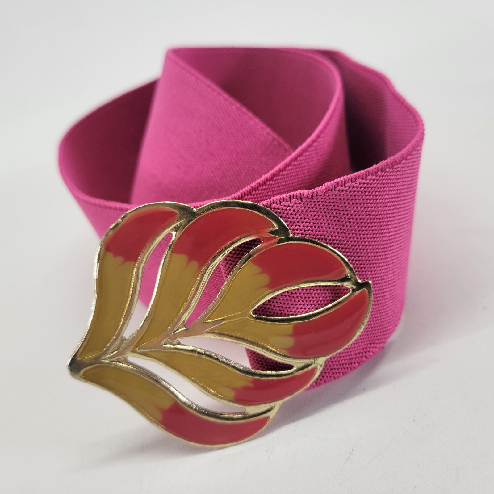 Stretch Belt 30 32 34 Leaf Buckle Waist Wide Pink Vtg 1980s