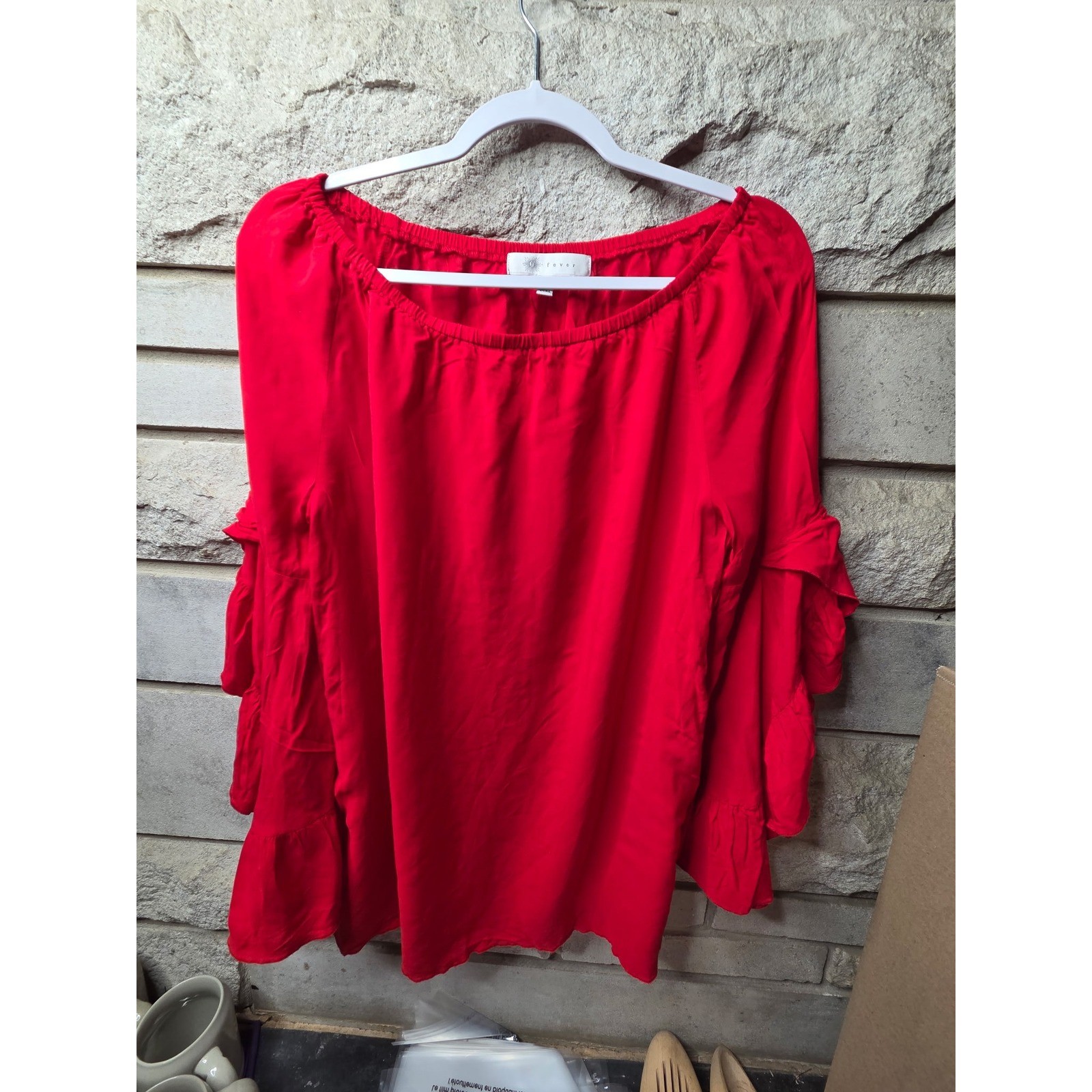 Fever Womens Red Tiered Ruffle Bell Sleeve Blouse Elastic Scoop Neck Large