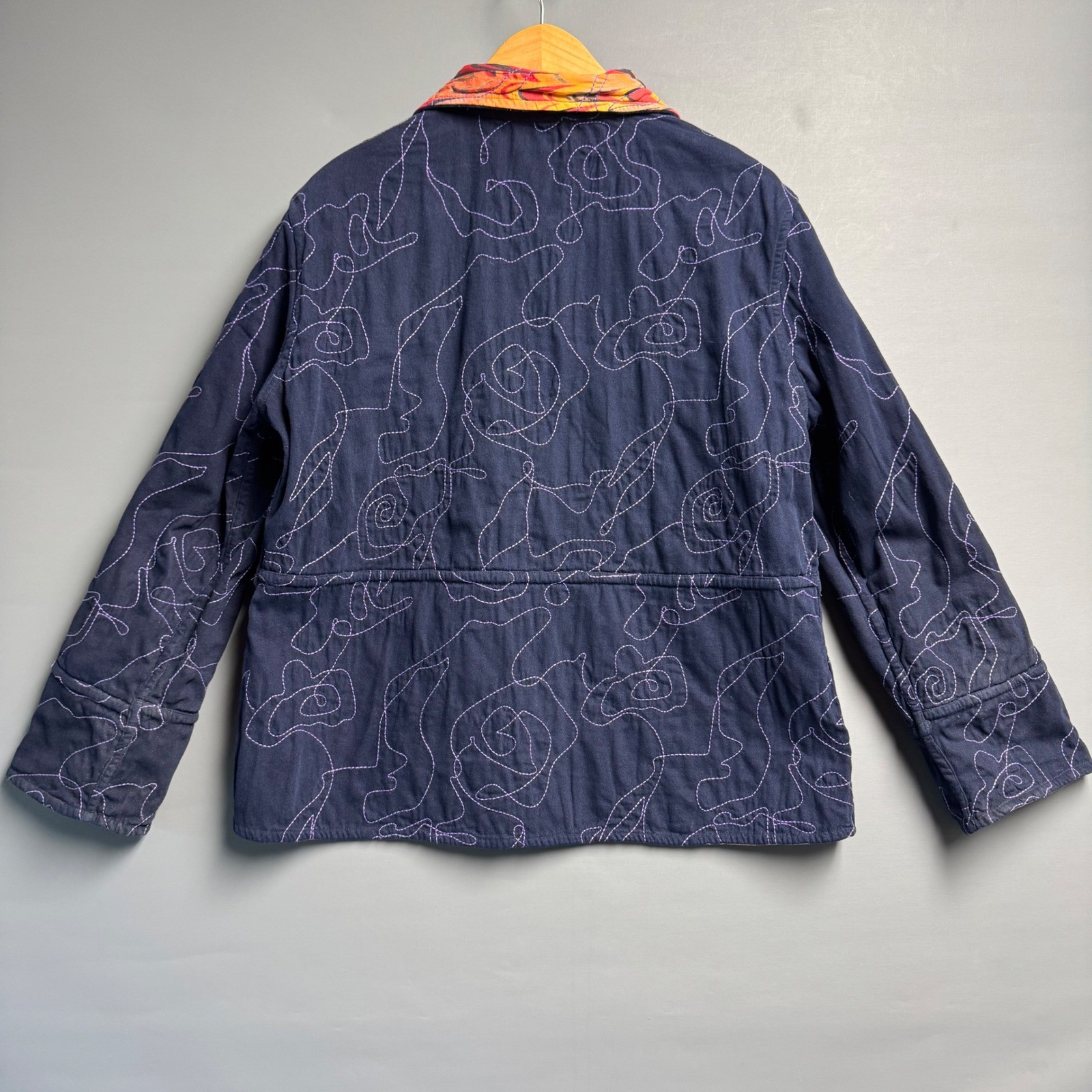 Casual Studio Reversible Quilted Jacket Large Marbled Feather Print Navy Cotton