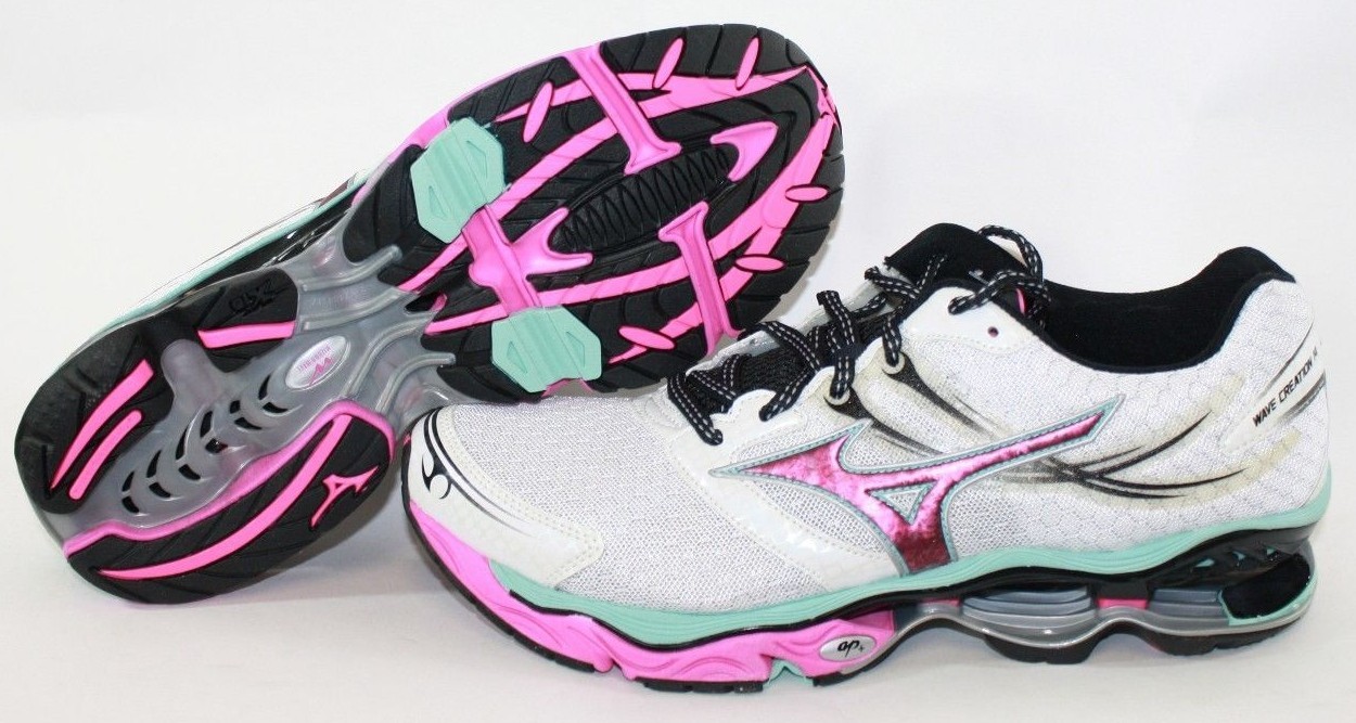 Womens Mizuno Wave Creation 14 White Pink Light Blue Running Sneakers Shoes