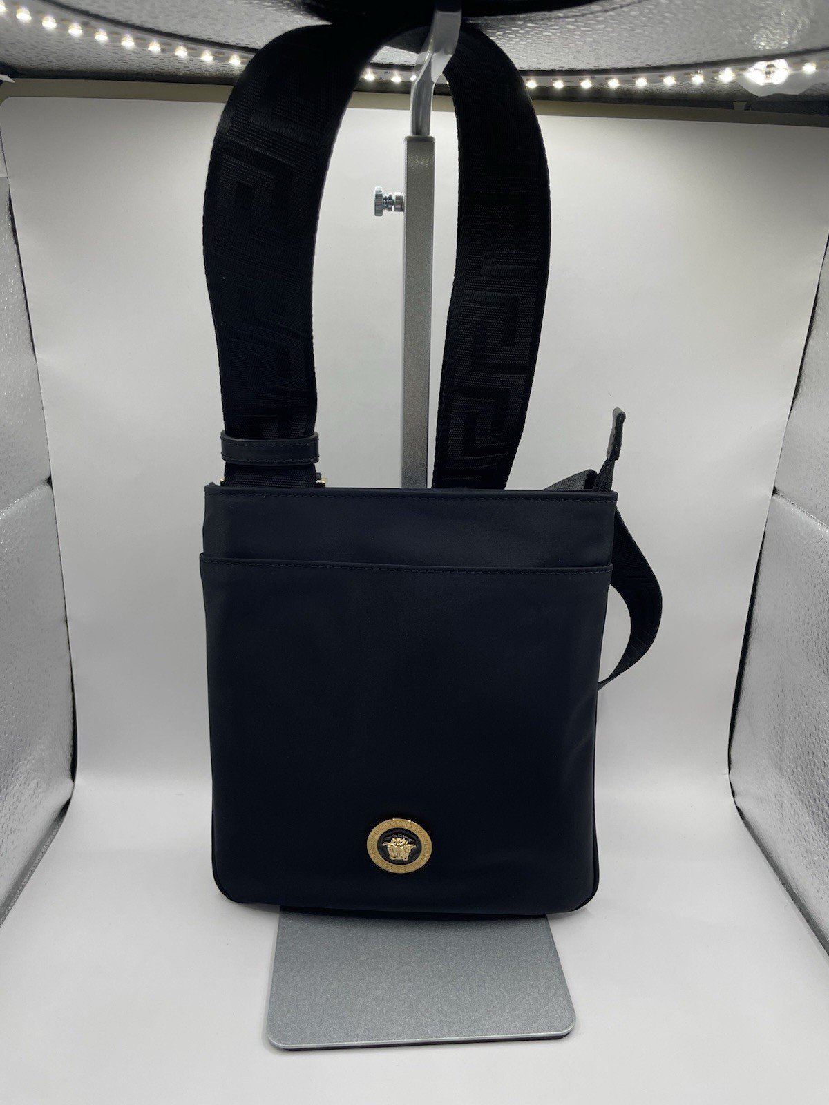 VERSACE Flat Crossbody Bag Fabric Calf Leather Black $800 Retail