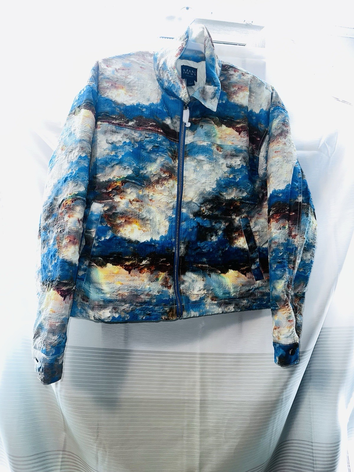MAN GOODMAN Blue Multicolor Abstract Bomber Jacket Full Zip L Men