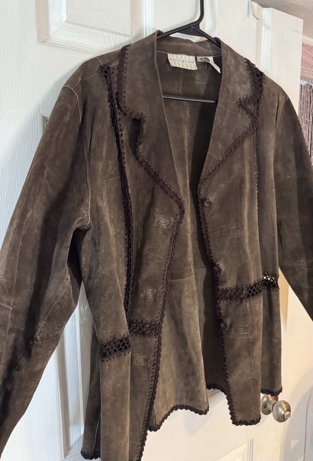 White Stag Women’s 1X Brown Leather Suede Jacket Crochet Trim Button Front