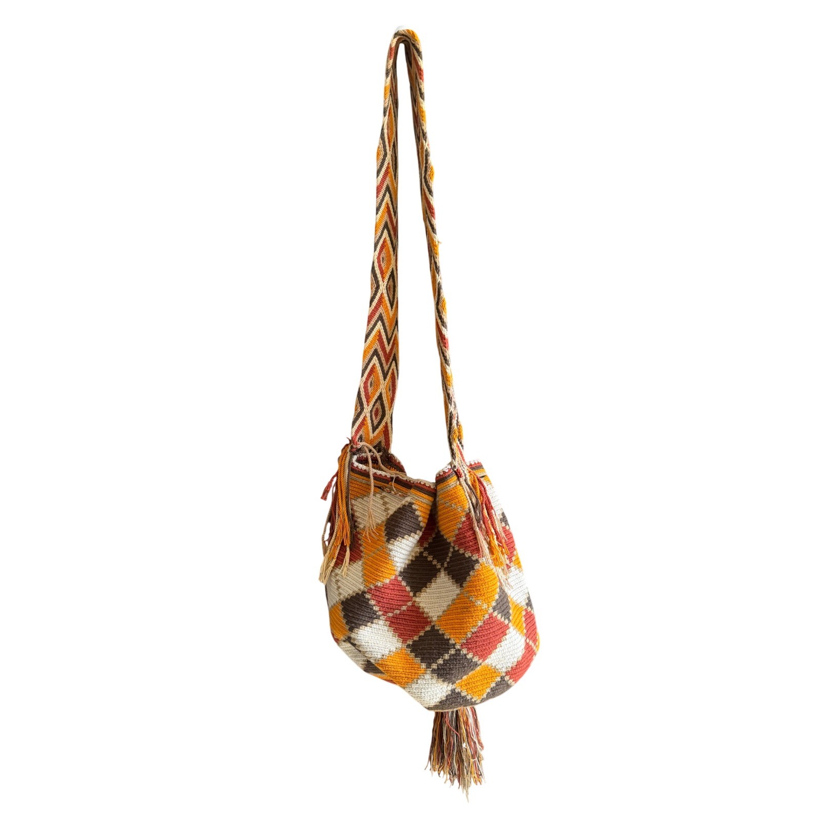 Vintage Wayuu Mochila Hand Woven Geometric Crossbody Tassel Bag Earth Tones