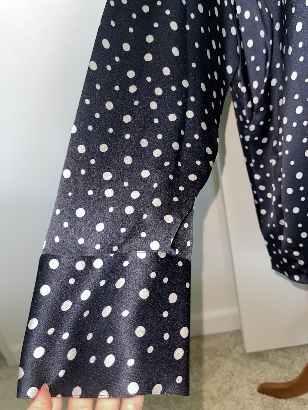 VINCE Camp Collar 100% Silk Deep Marine/Navy Blue Polka Dot Blouse 2X
