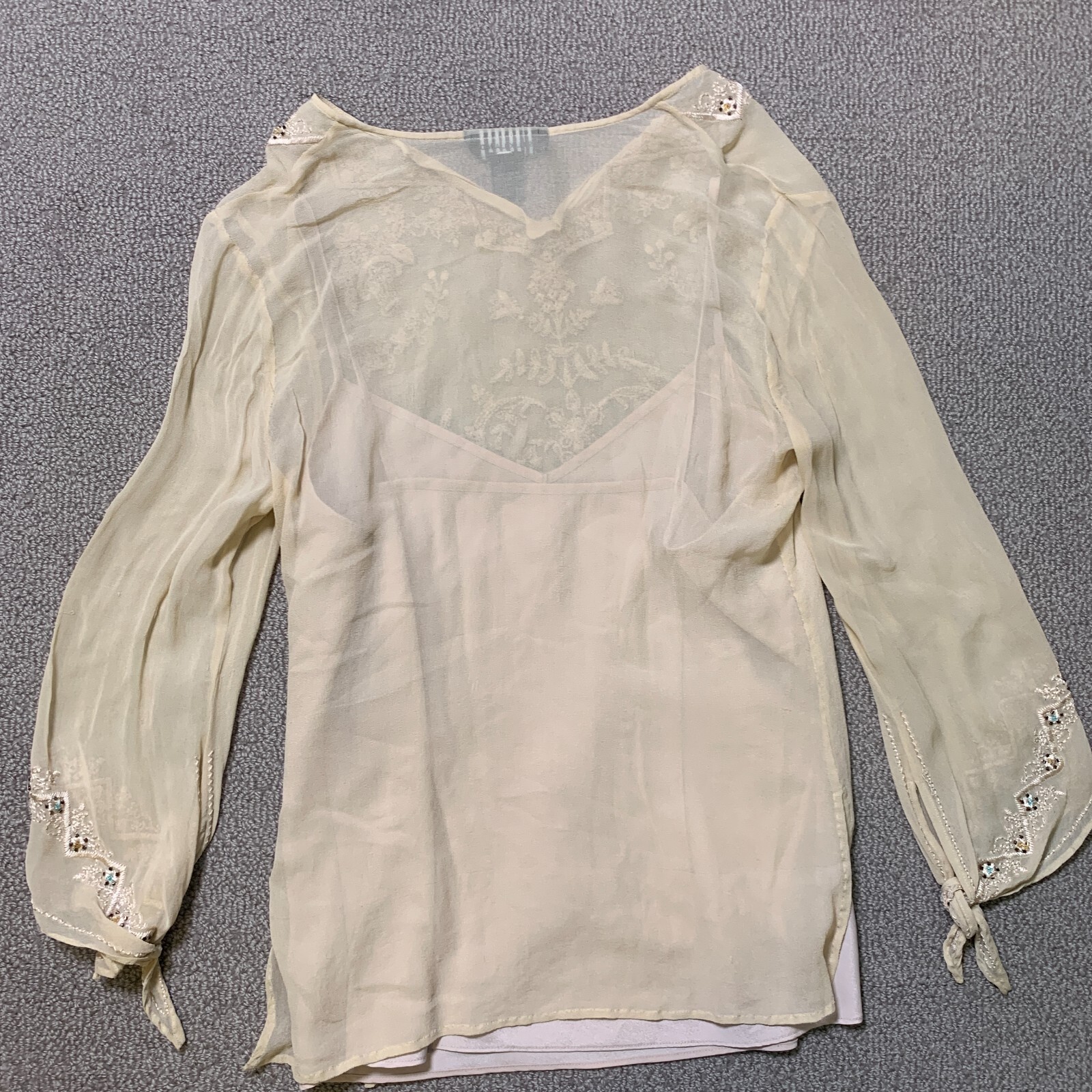 Silkland Layer Top Womens L Silk Semi Sheer Boho Coastal Cowgirl Embroider Bead