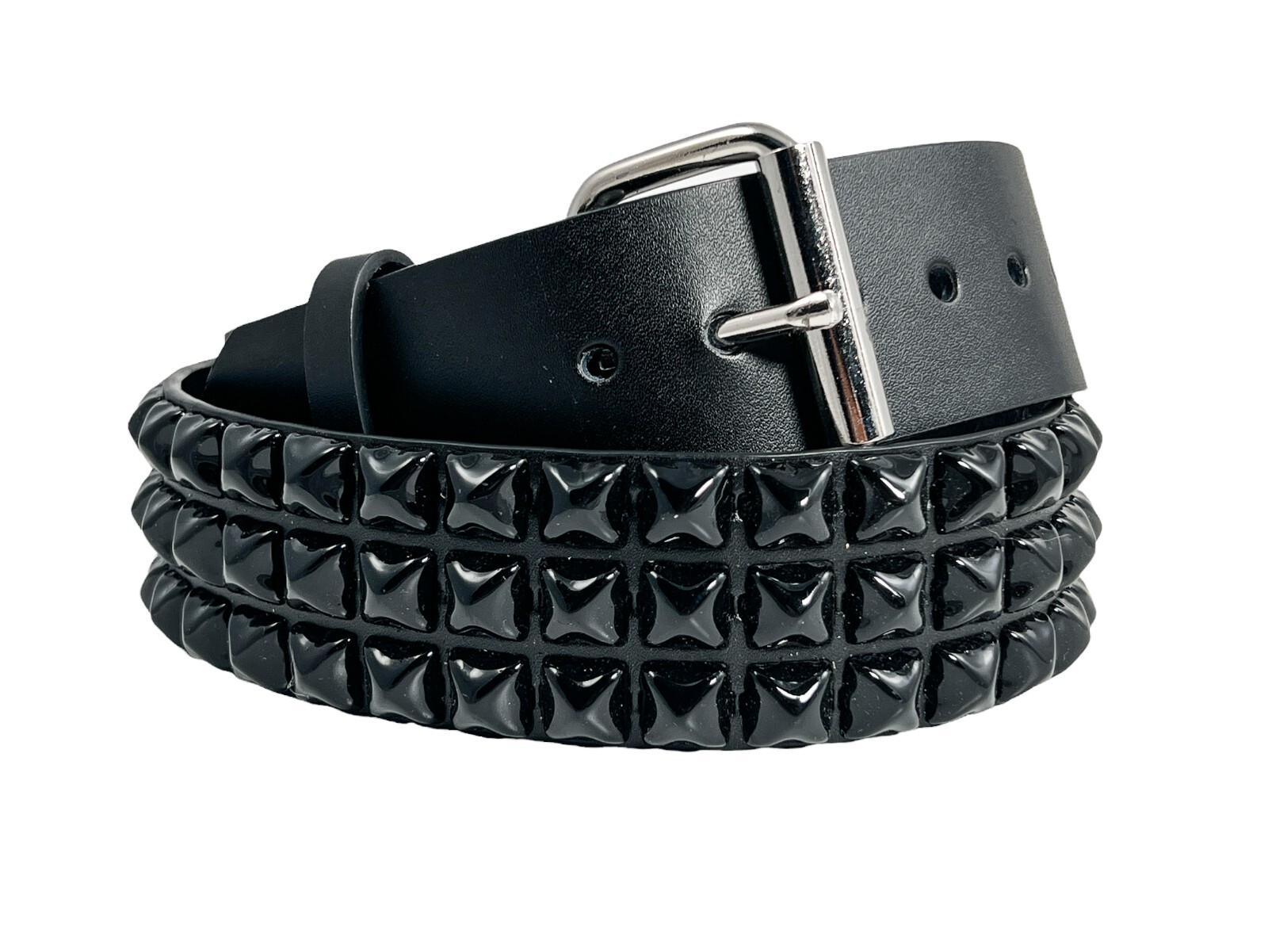 Black Pyramid Stud Belt Genuine Leather Three Row Rock Goth Sid Vicious Punk