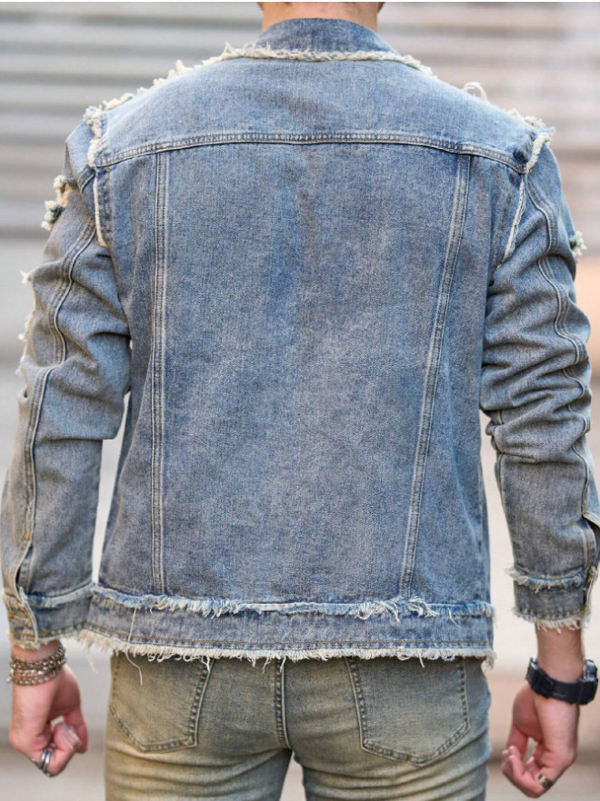 Men’s Frayed Ripped Distressed Denim Jacket Lapel Button‑Up Raw Edge Trucker