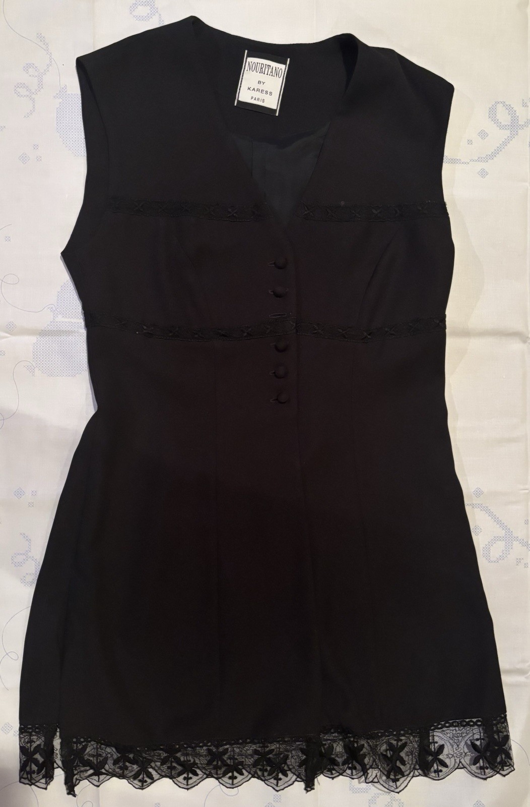 Nouritano By Karess Paris Sleeveless Black Button Up Tunic Lace Hem Vintage