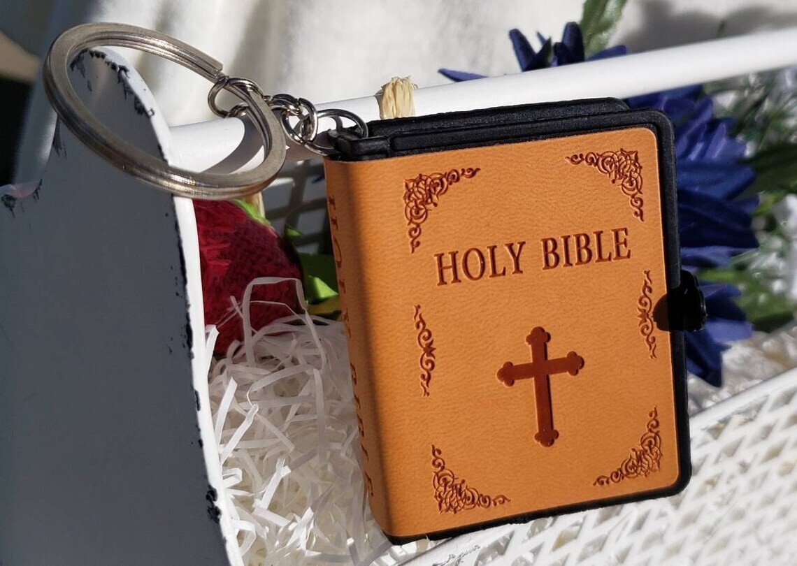 Leather Mini Bible Keychain, Orange Cover w/ Keyring, Jesus, Church, Christian