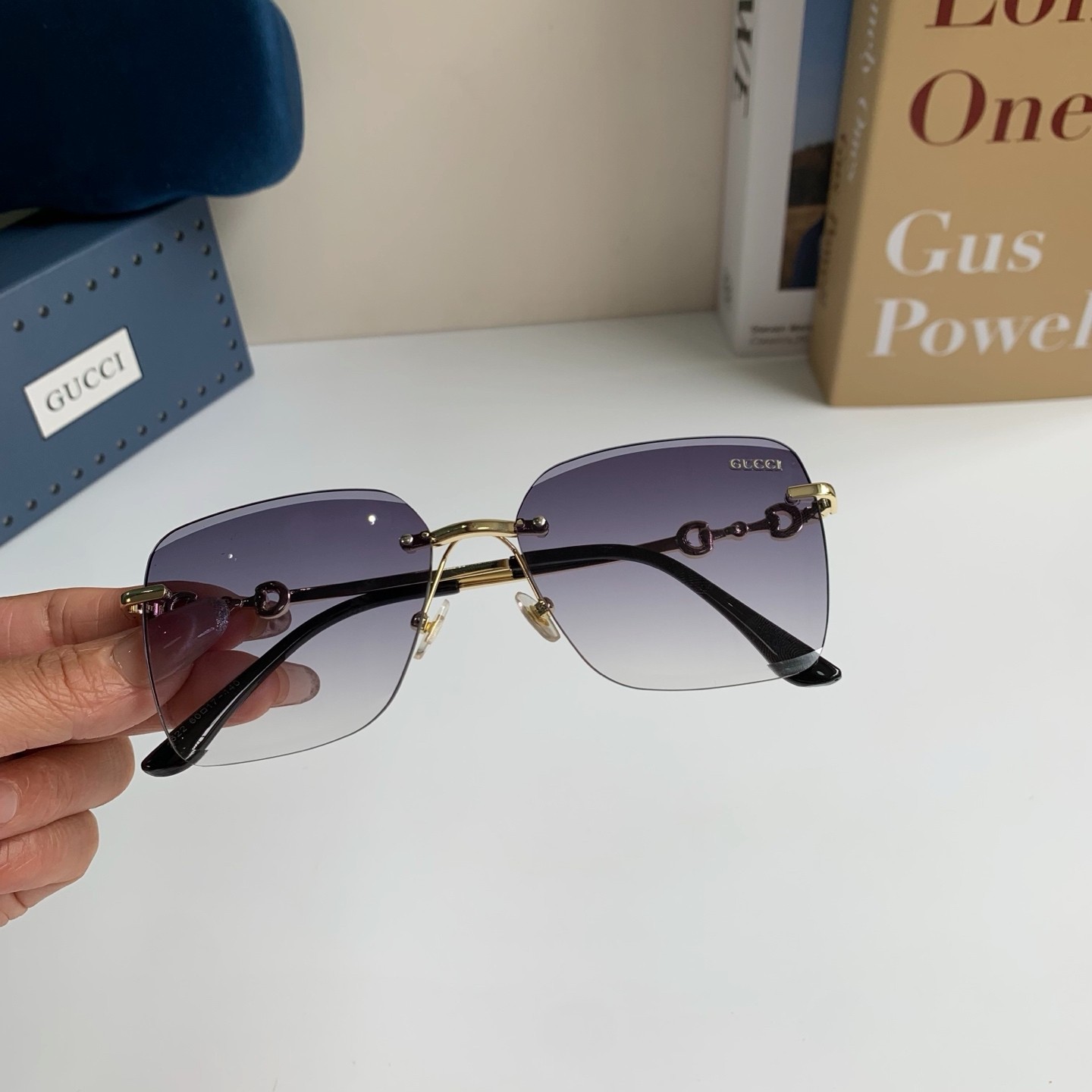 Gucci GG1278S Rimless Square Sunglasses Gold Horsebit Grey Gradient 55-19-140