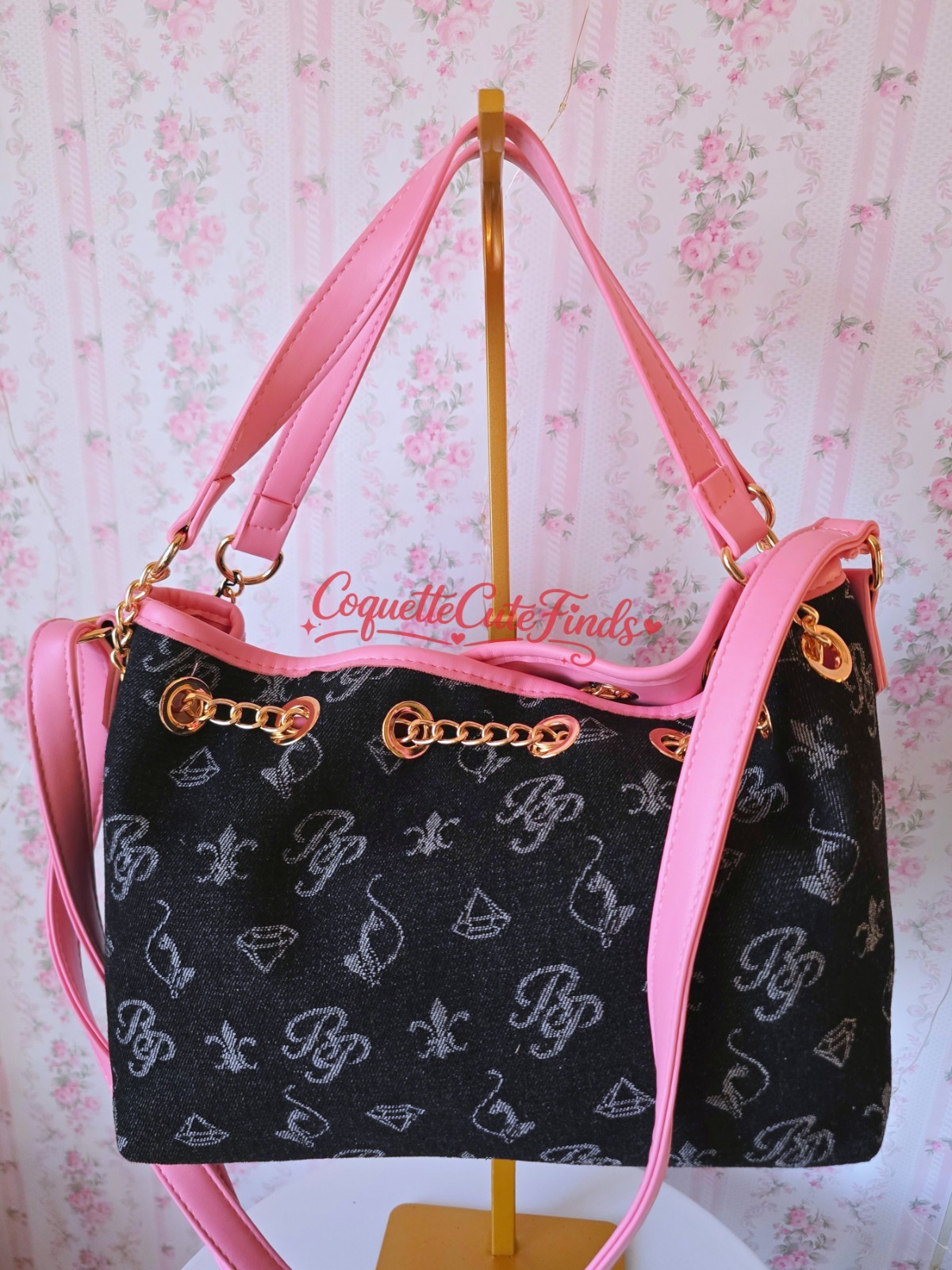 Baby Phat Black Pink Logo Shoulder Bag, Detachable Strap, Gold Charm, Magnetic