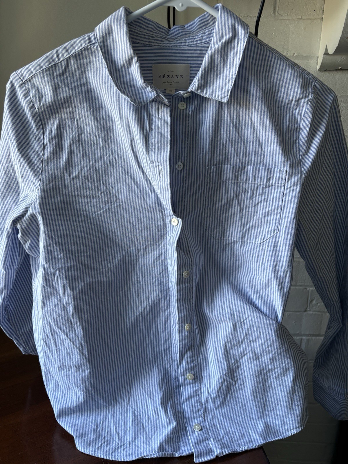 Sezane Tomboy Shirt Size 4 Ecru / Sky Blue stripes Button Down Cotton