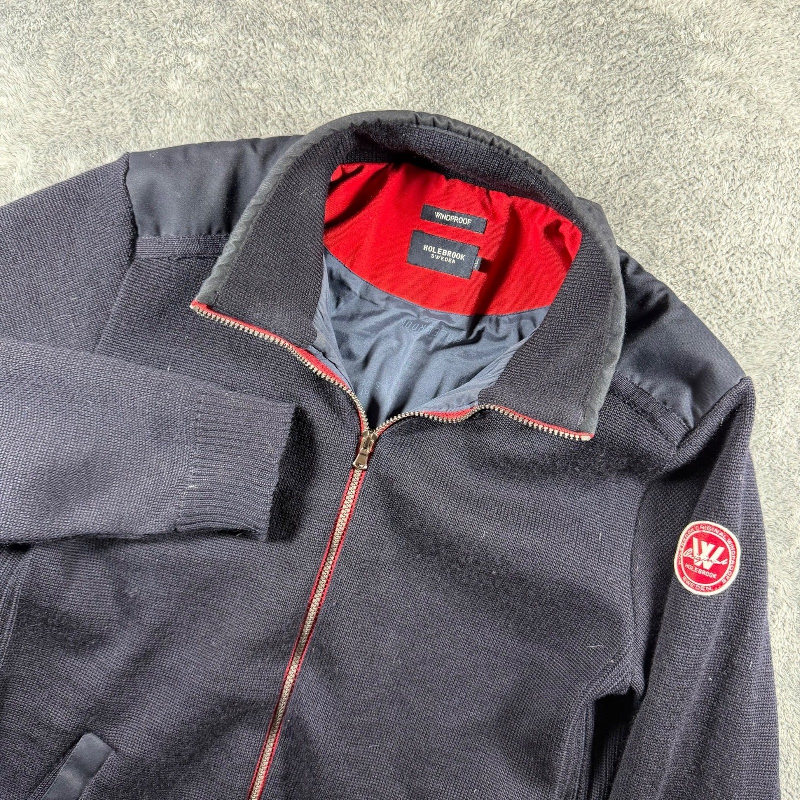 Holebrook Sweden Jacket Mens Large Navy Windproof Knit Full Zip Sailing Wool