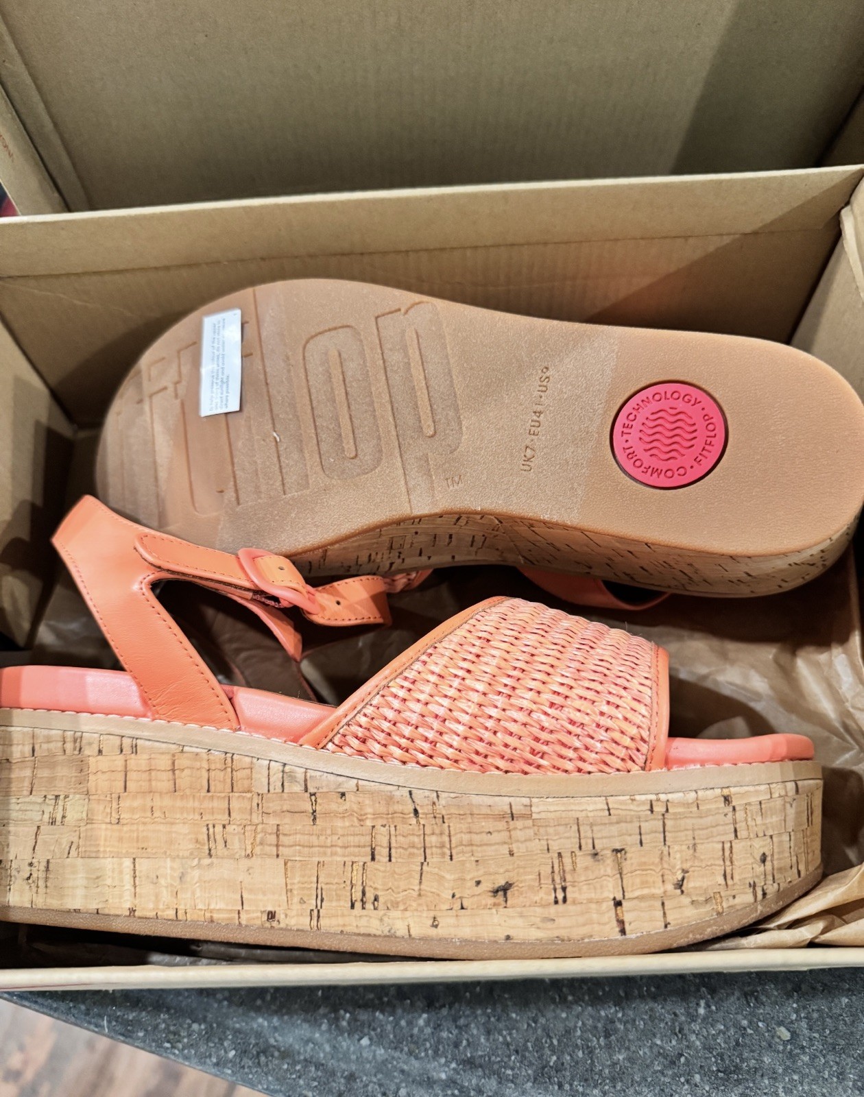FITFLOP NIB ELOISE LEATHER & RAFFIA WOVEN BACK STRAP WEDGE SANDALS CORAL 8
