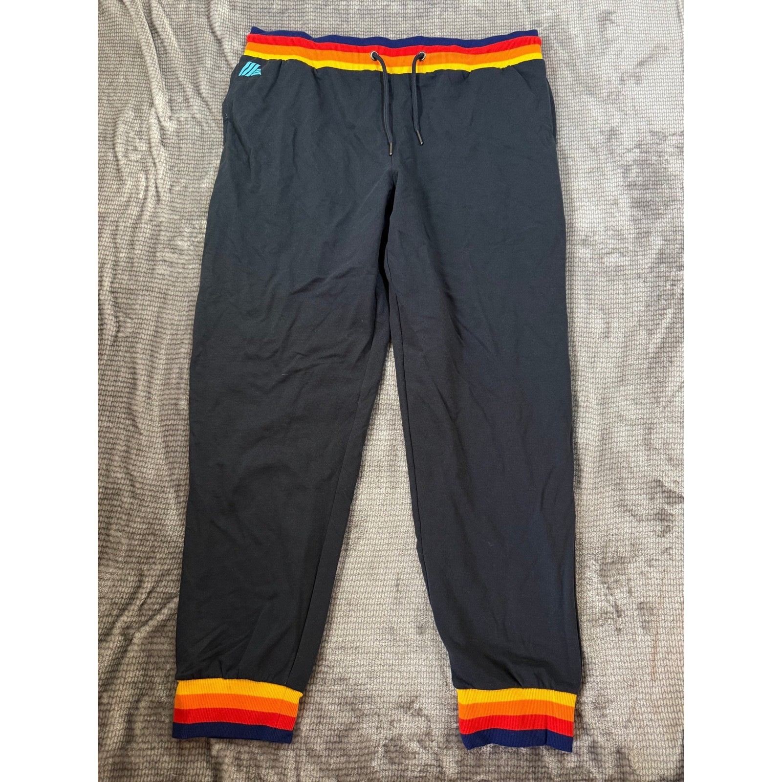 Aldi Mania Mens Joggers Navy Blue Rainbow Striped Waistband Large 36×30 NWT