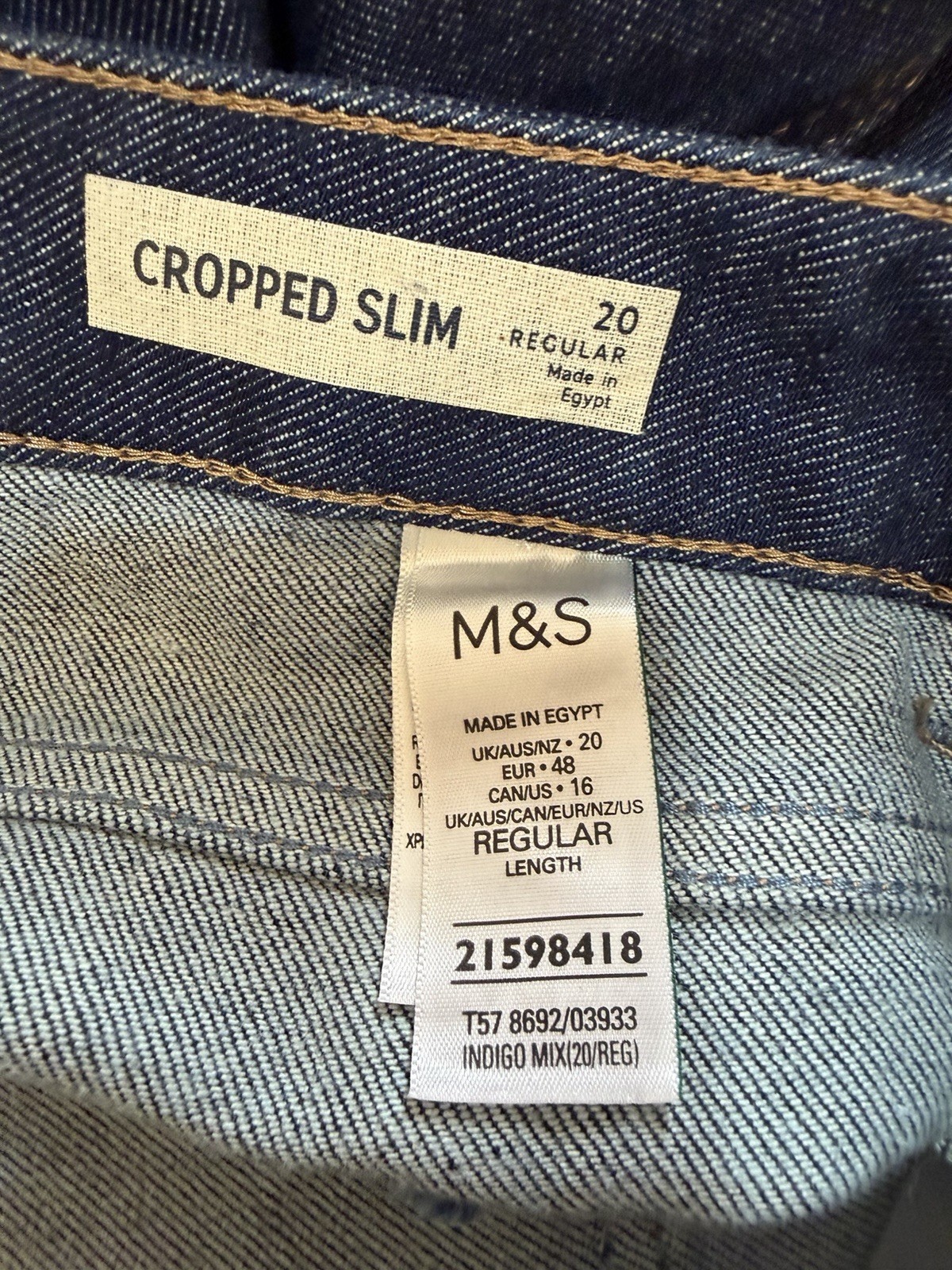 Marks & Spencer Women’s Cropped Slim Denim Jeans Size 20 Reg Indigo Blue New Tag