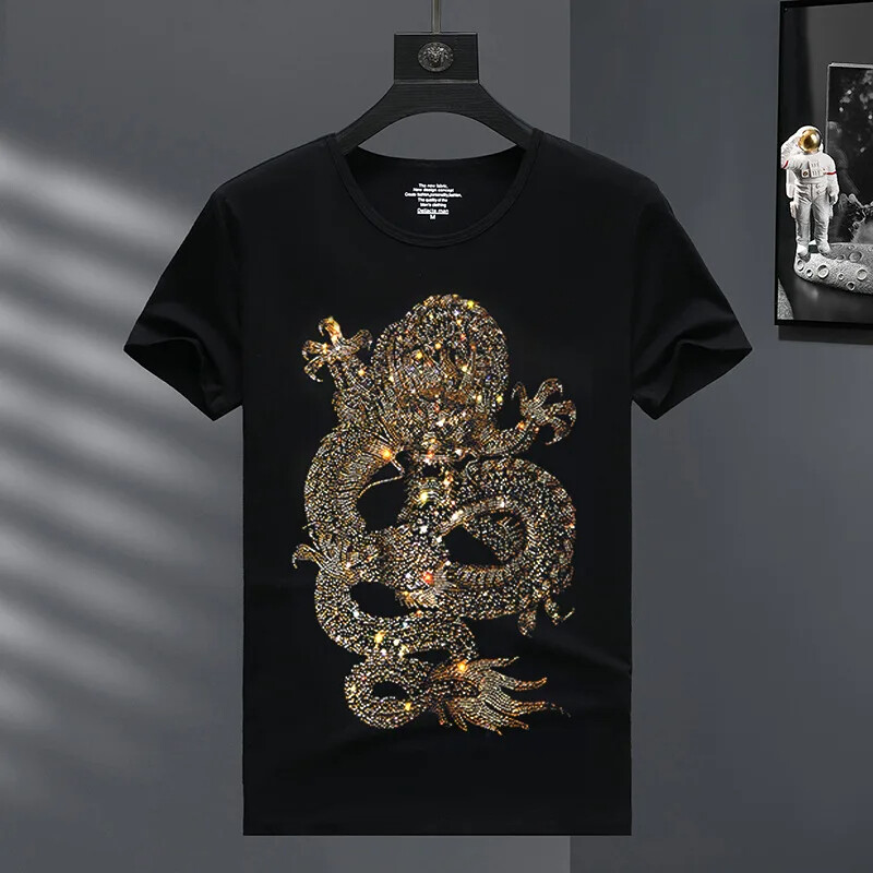 New Fashion Dragon Rhinestone Summer Short Sleeve Luxury Men Streetwear T-Shirt