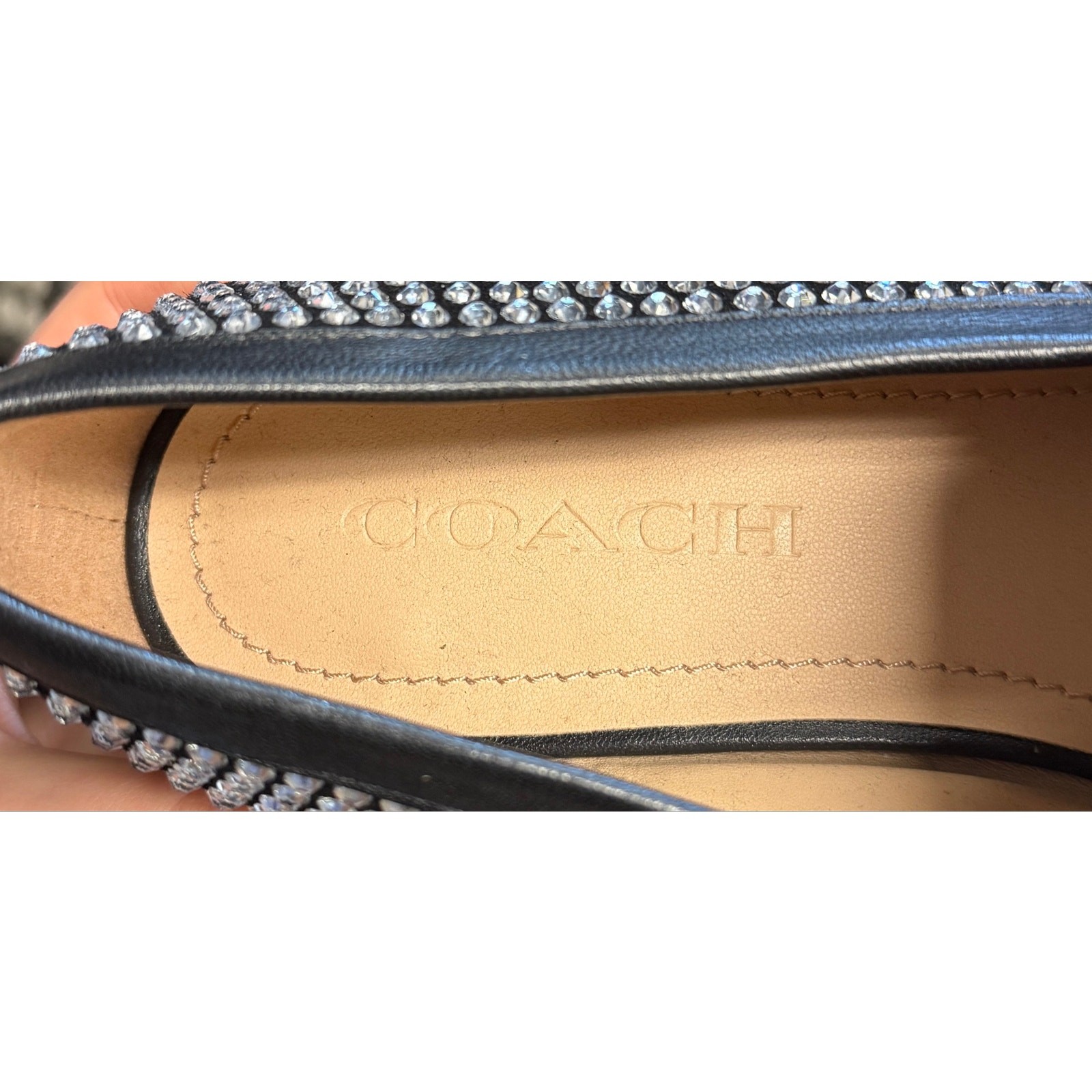 COACH Size 8 1/2 Black & Silver Leah Crystal Studded Platform Loafer Shoes NEW