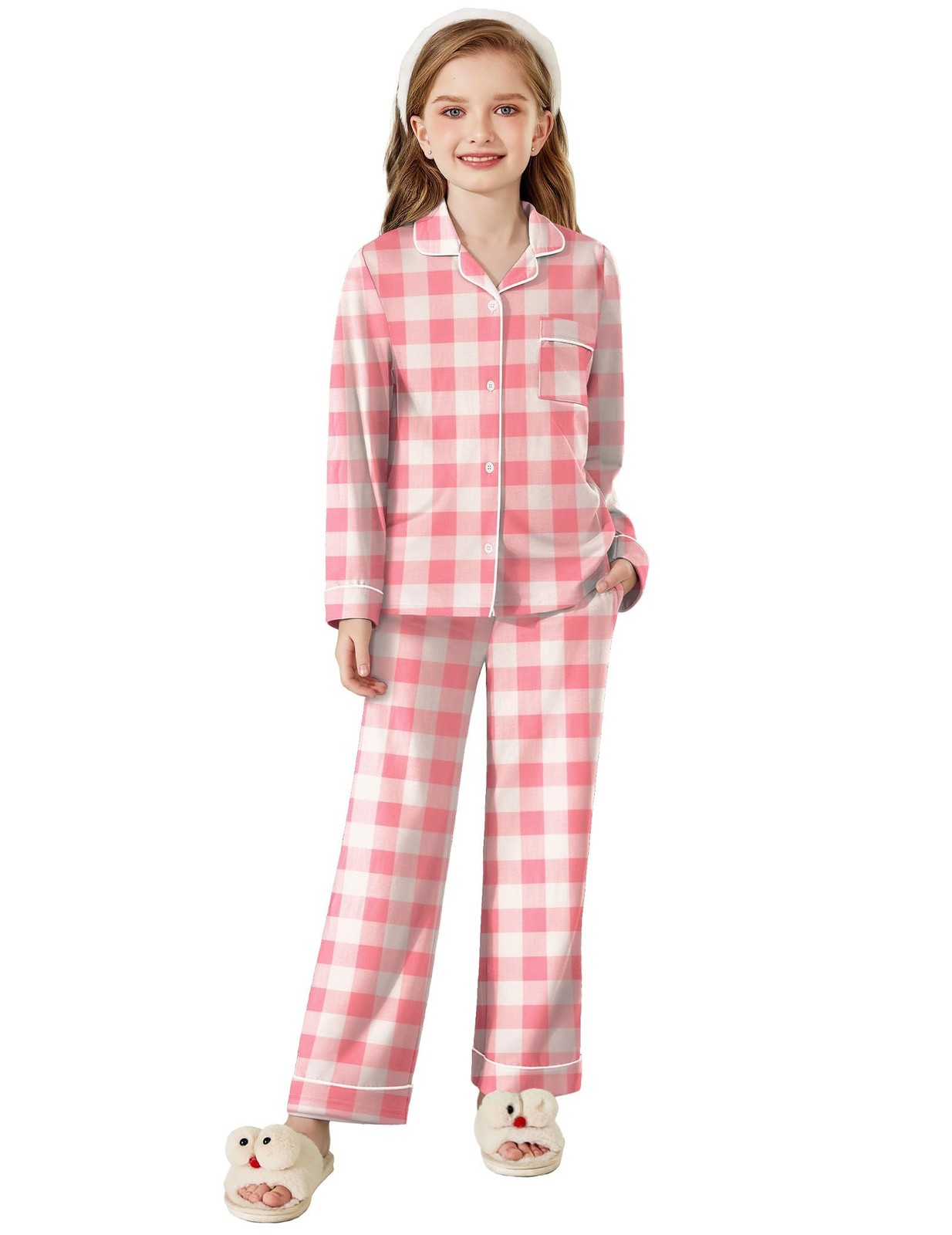 White Pink Plaid Girls Pajama Set 11-12Y – Long Sleeve Lounge Button-Down PJs