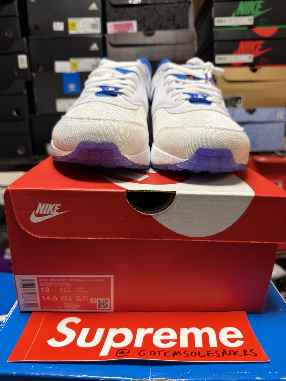 Nike Air Max 1 KC ROYALS IQ2916-100 MLB WHITE VIVID GRAPE SOAR MENS SIZE 14 NEW