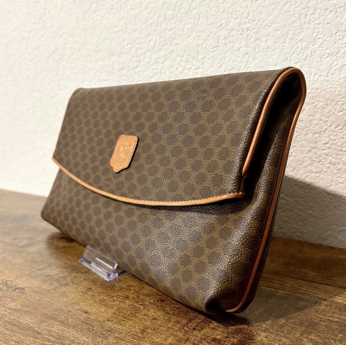 CELINE Brown Logo Foldover Clutch Pouch with Inner Pockets