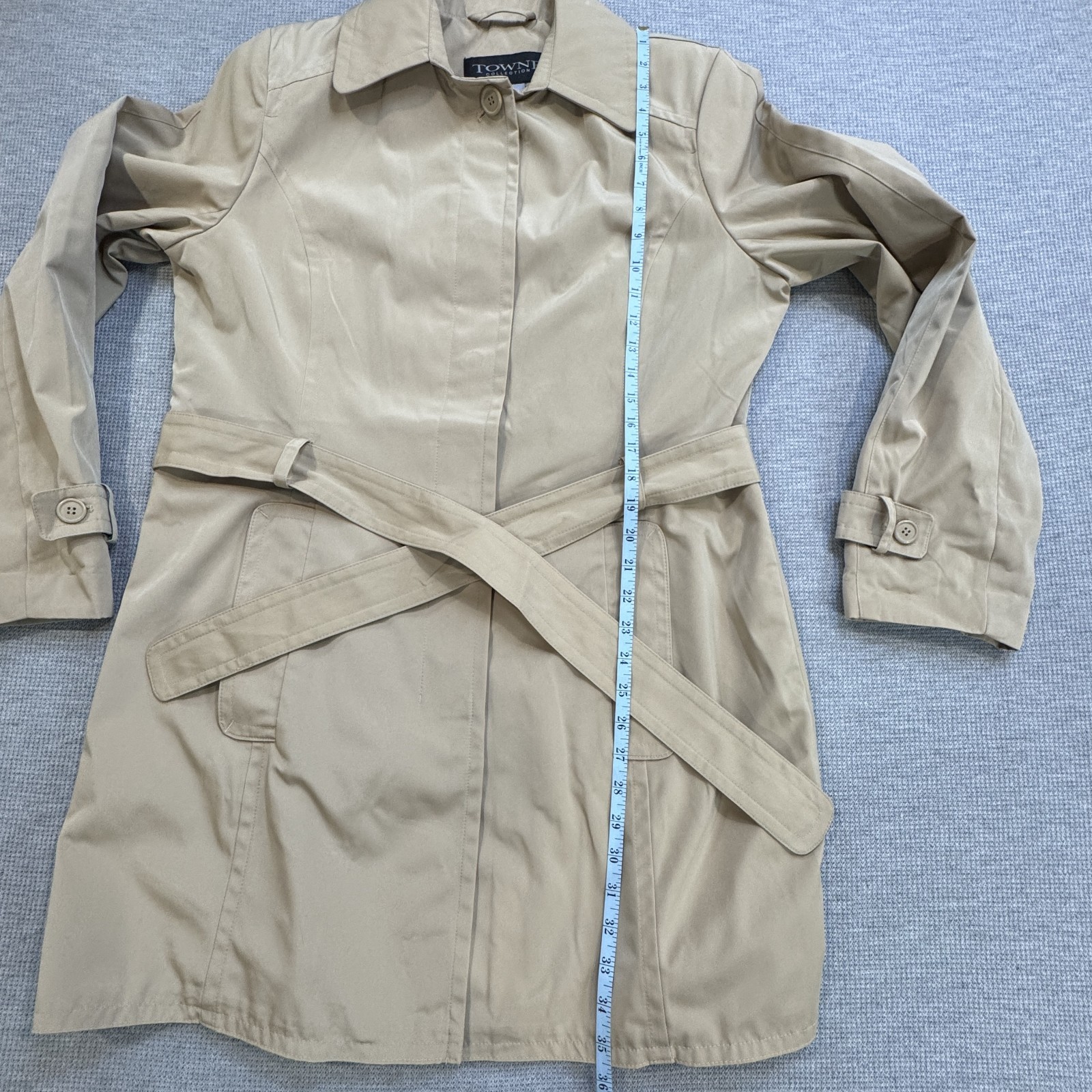 Towne Collection Womens Size L Khaki Trench Coat Belted Padded Shoulder NWT