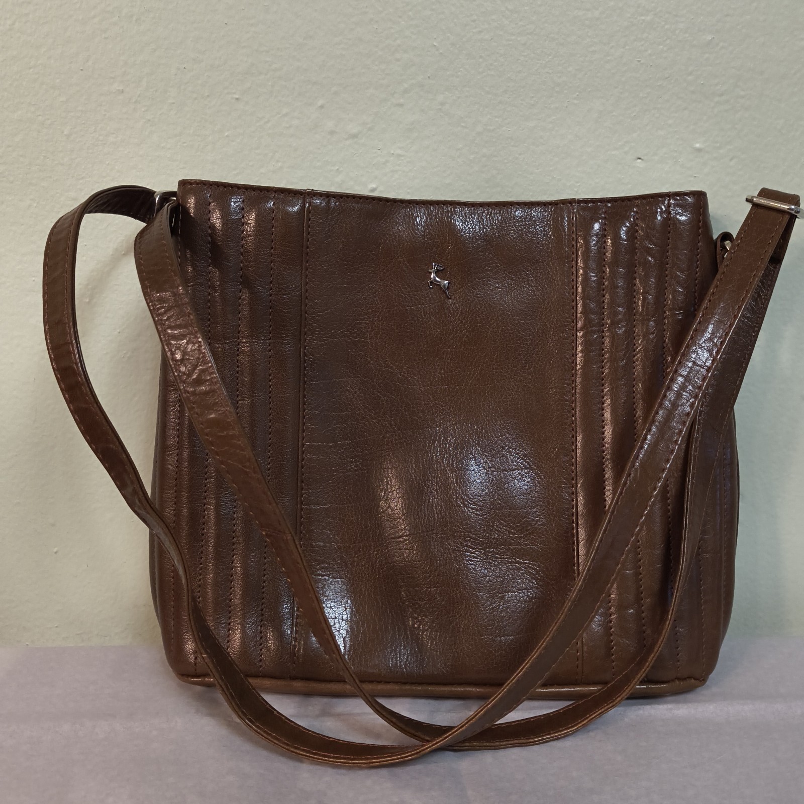 Genuine Leather Shoulder Crossbody Bag Brown Pintuck Stag British-Ashwood