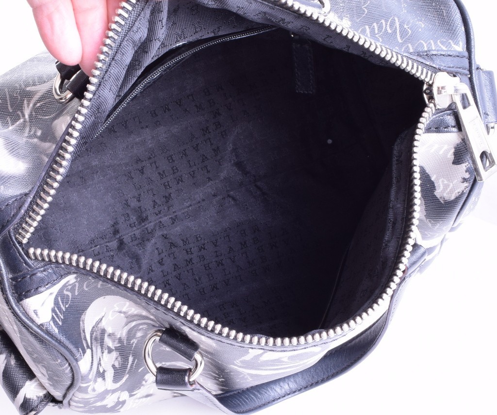 L.A.M.B. Caligraphy Roses LOVE ANGEL MUSIC Small Black White Duffle Bag EUC