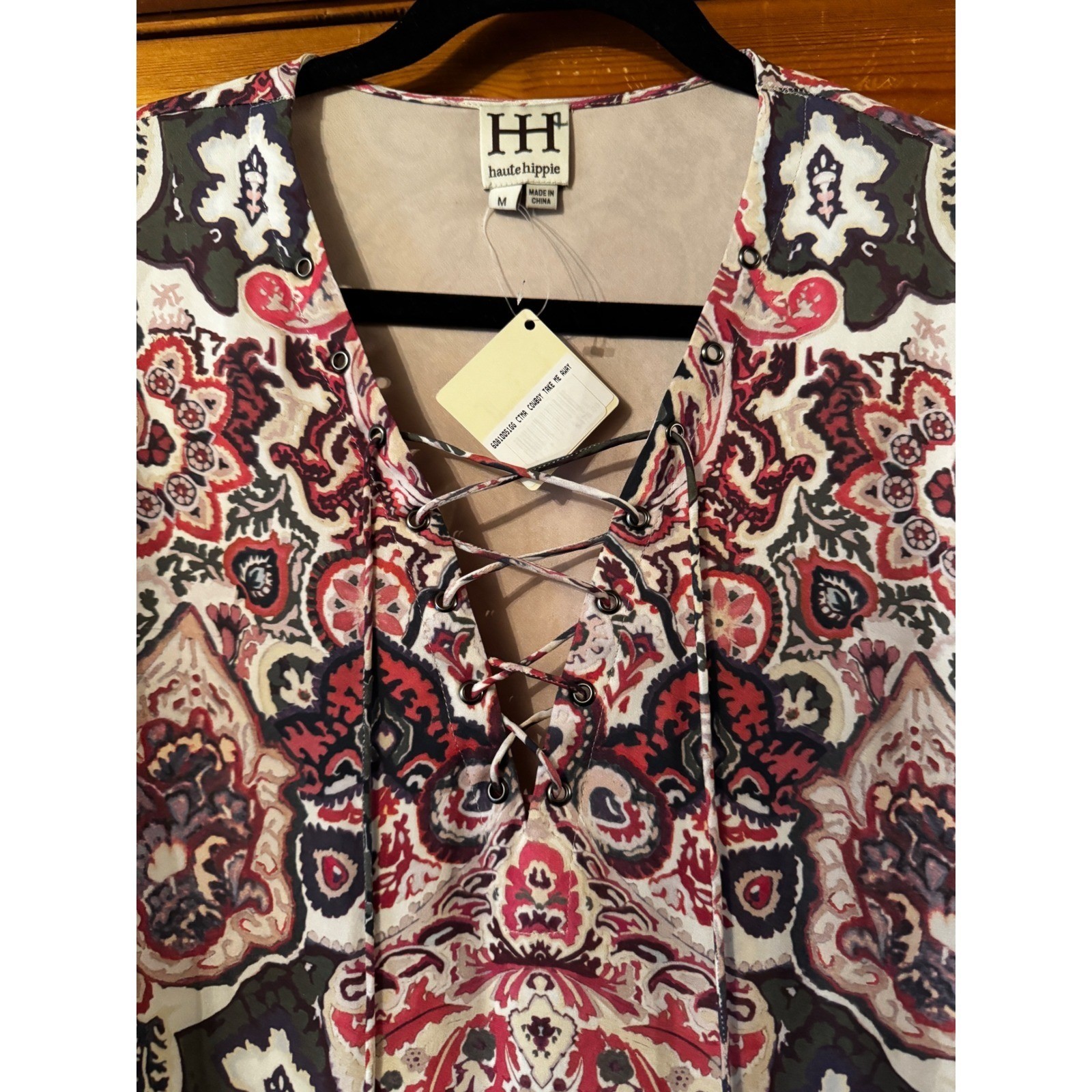 NWT Haute Hippie 100% Silk Paisley Lace-Up Mini Dress Tassels Boho Western M