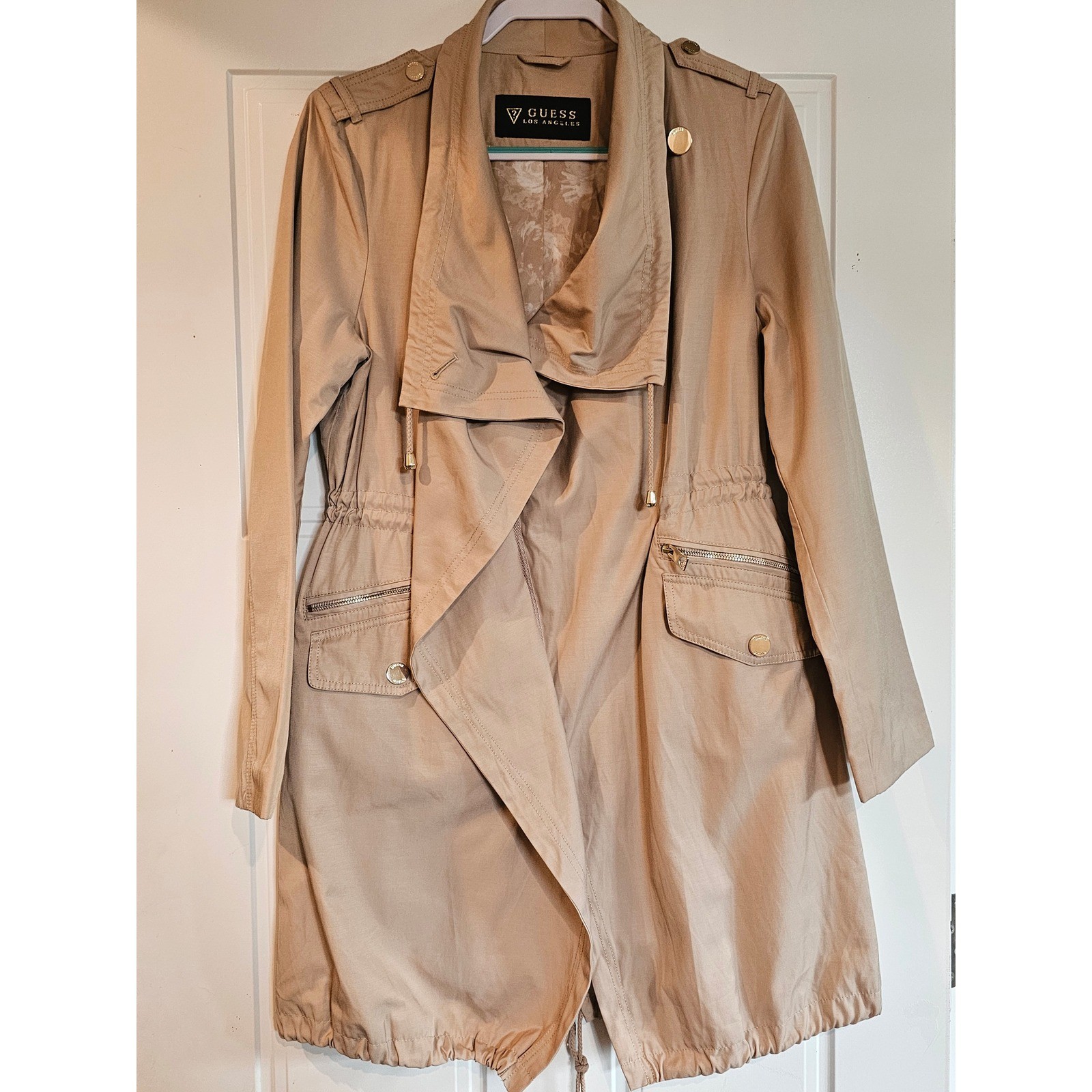 GUESS Los Angeles Womens Tan Draped Trench Jacket Drawstring Waist Beige Coat
