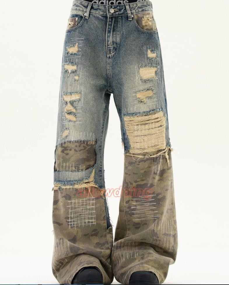 Men’s Blue Denim Camouflage Mixed Ripped Casual Pants Trousers Punk Hip Hop