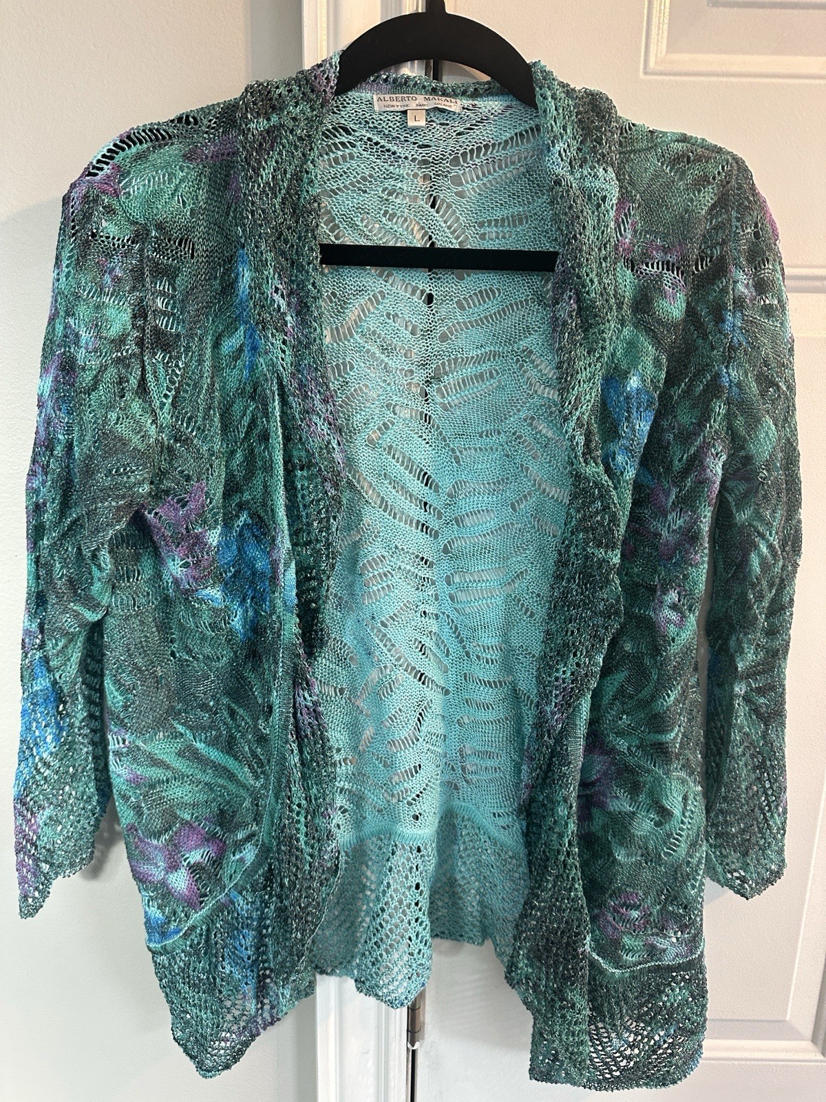 Alberto Makali Open Knit Hooded Cardigan Sweater L Floral Green Blue Purple