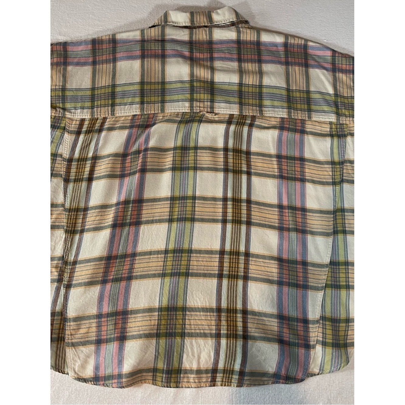 American Eagle Oversized Plaid Button-Up Shirt in Cream, Olive & Pink