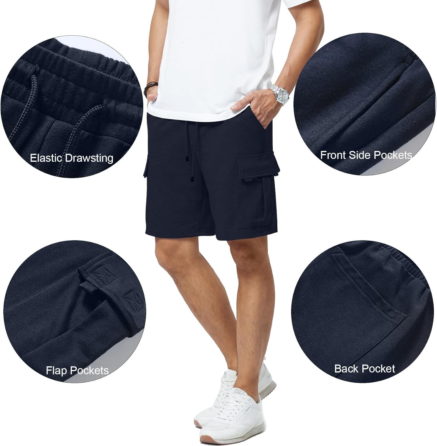 Mens 5 Pocket Athletic Cotton Shorts Drawstring Elastic Waist Workout Gym Cargo