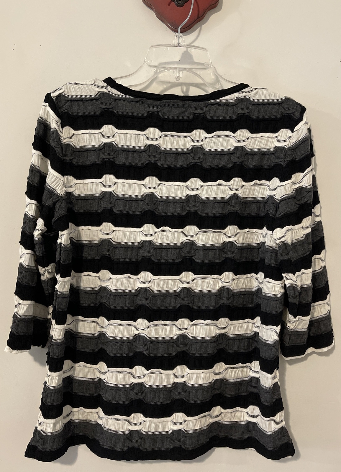Christopher Banks Womens Medium Black Ivory Gray Ruffle Striped Blouse NWT A5280