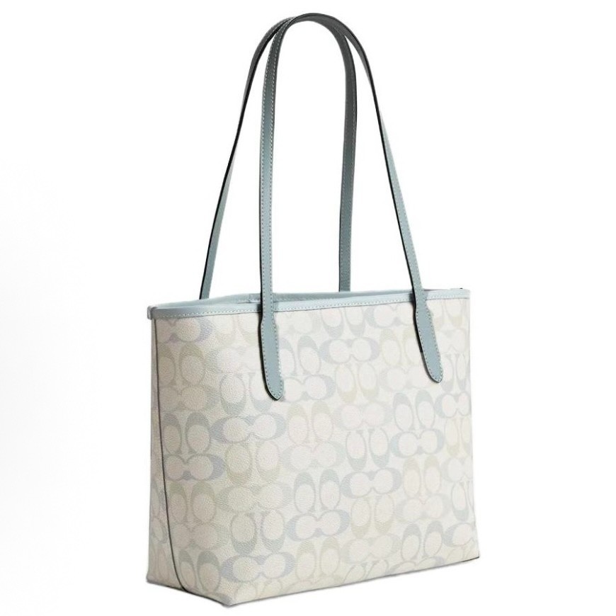 NWT Coach Medium City Tote Bag Pretty Signature Canvas CDZ09 Silver CHALK/BLUE