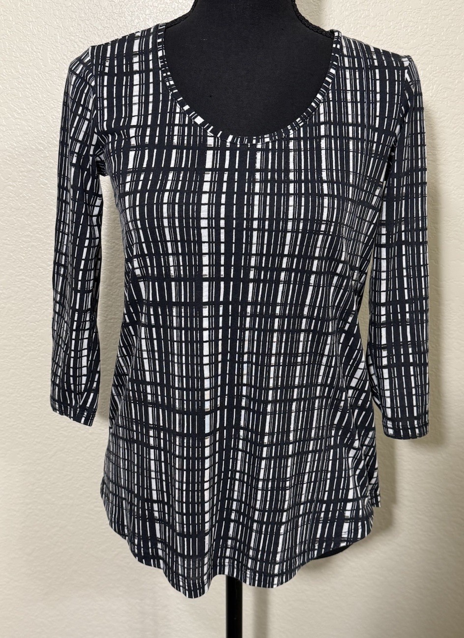 Vince Women’s XS Black White Windowpane Grid Print Pima Cotton Blend Top